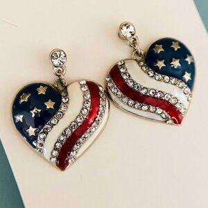 American Flag Heart-Shaped Crystal Drop Earrings With Red White & Blue